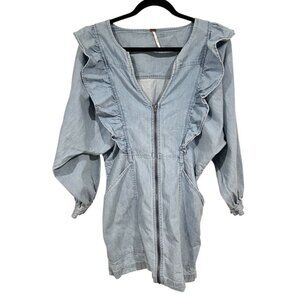 Free People Imogene Mini Dress Denim Ruffle Zip Front Belted Size Small
